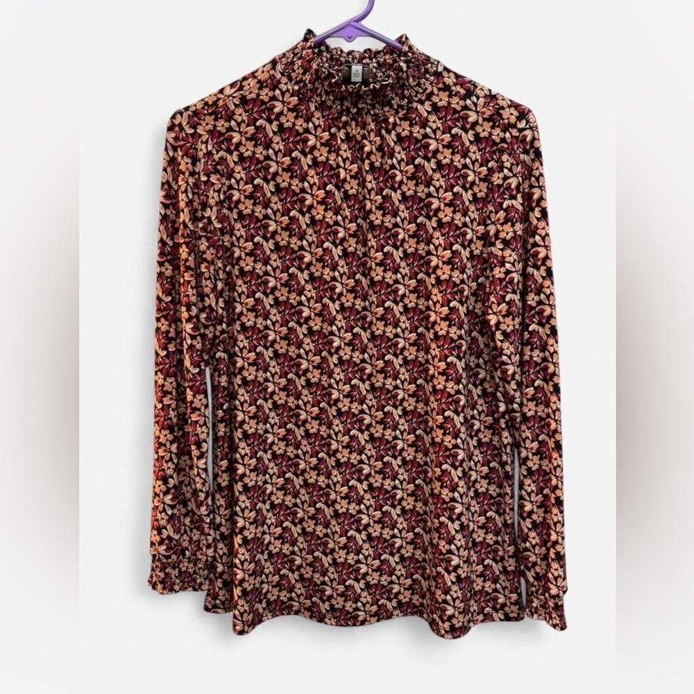 Anne Klein dark fairy Floral mock neck blouse M